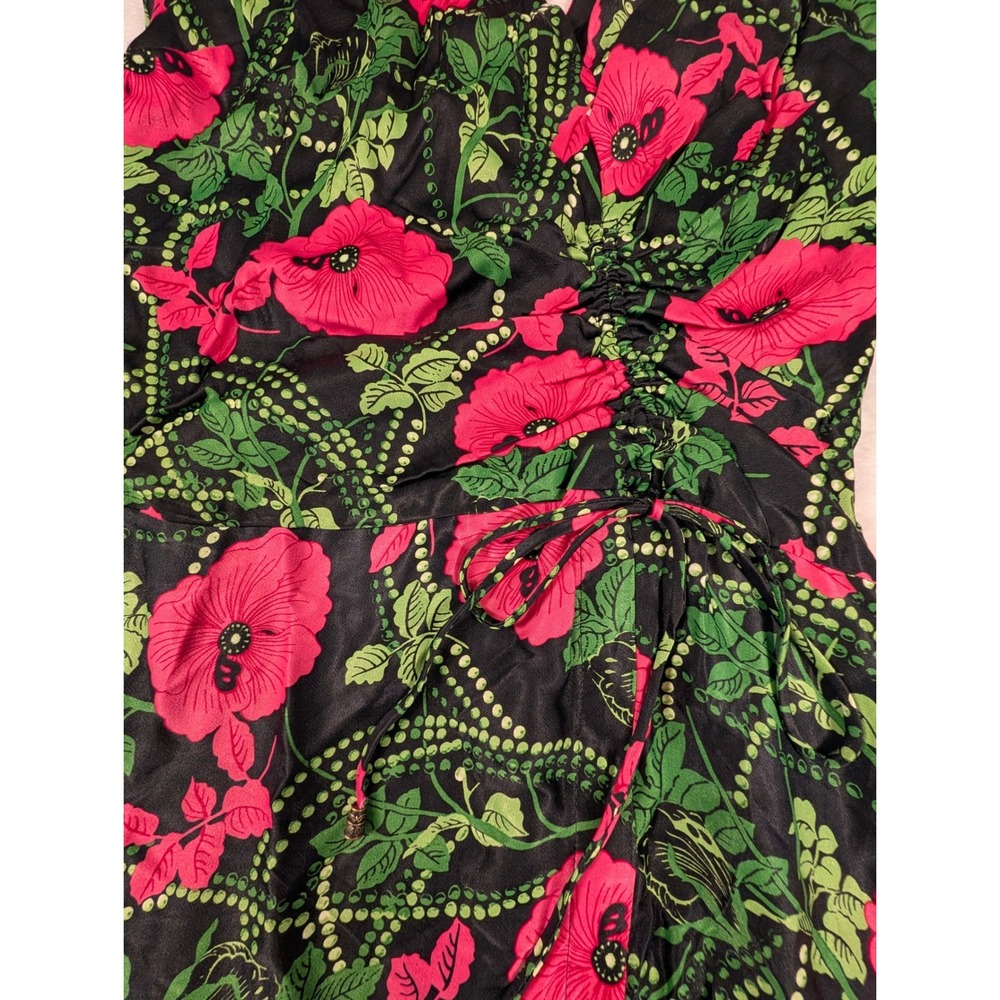 Maeve by Anthropologie Floral V-Neck Ruched Maxi Dress Black Pink Size 4 Slit - Picture 5 of 9